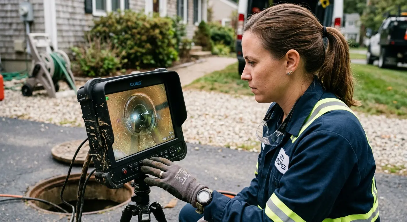 Technician reviewing sewer camera inspection footage in Shaker Heights