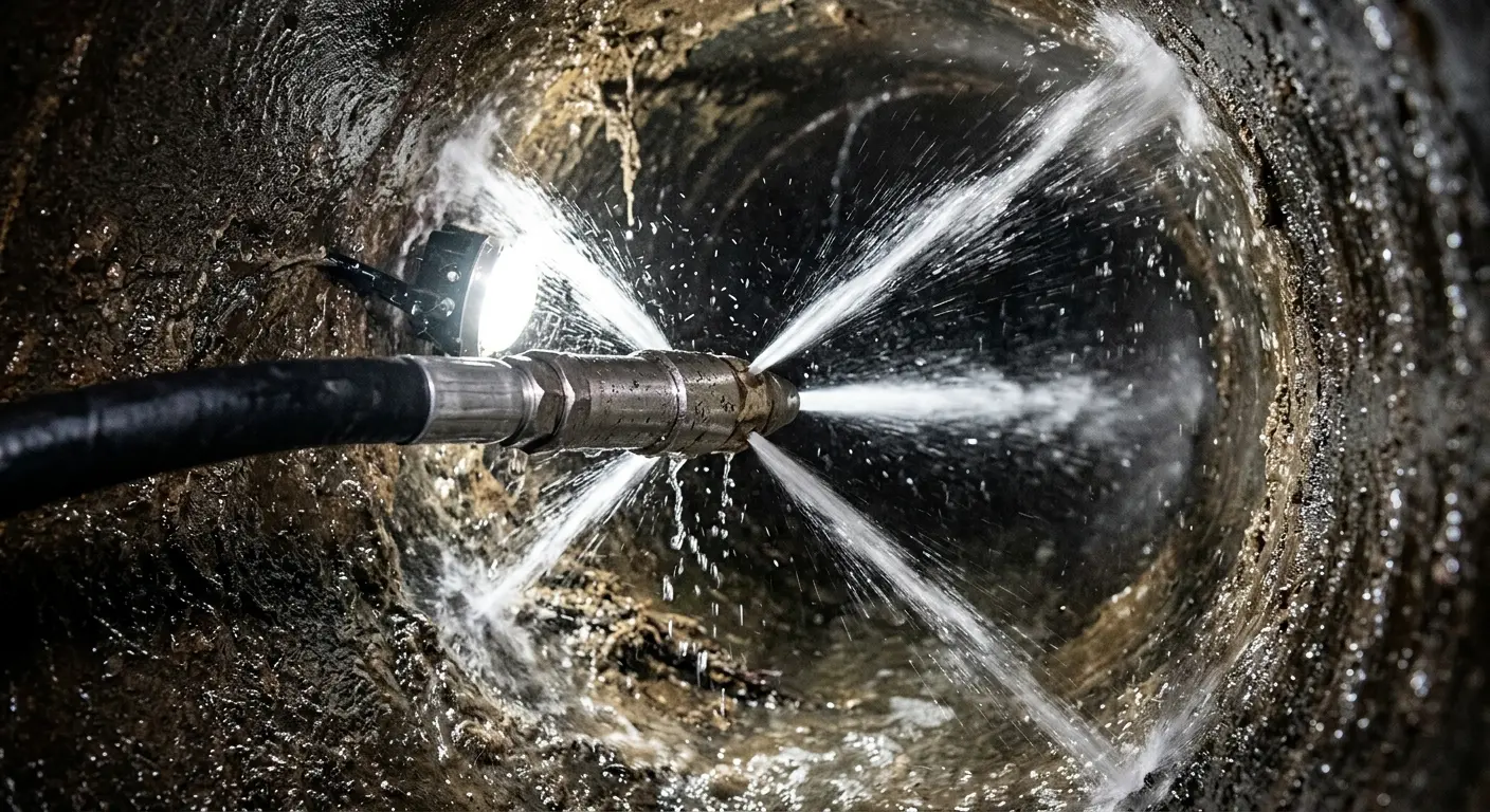 High-pressure hydro jetting nozzle cleaning sewer pipe for Trenchless Sewer Repair in Shaker Heights