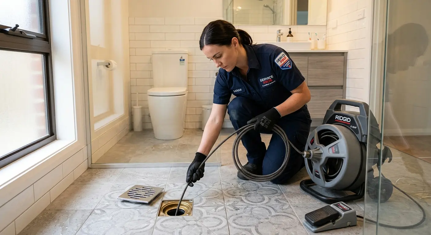 Technician clearing a bathroom floor drain for Clogged Drain Repair in Shaker Heights
